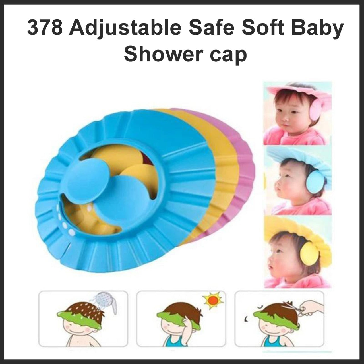 Safe baby shower cap with adjustable feature. Safe baby shower cap with adjustable feature.